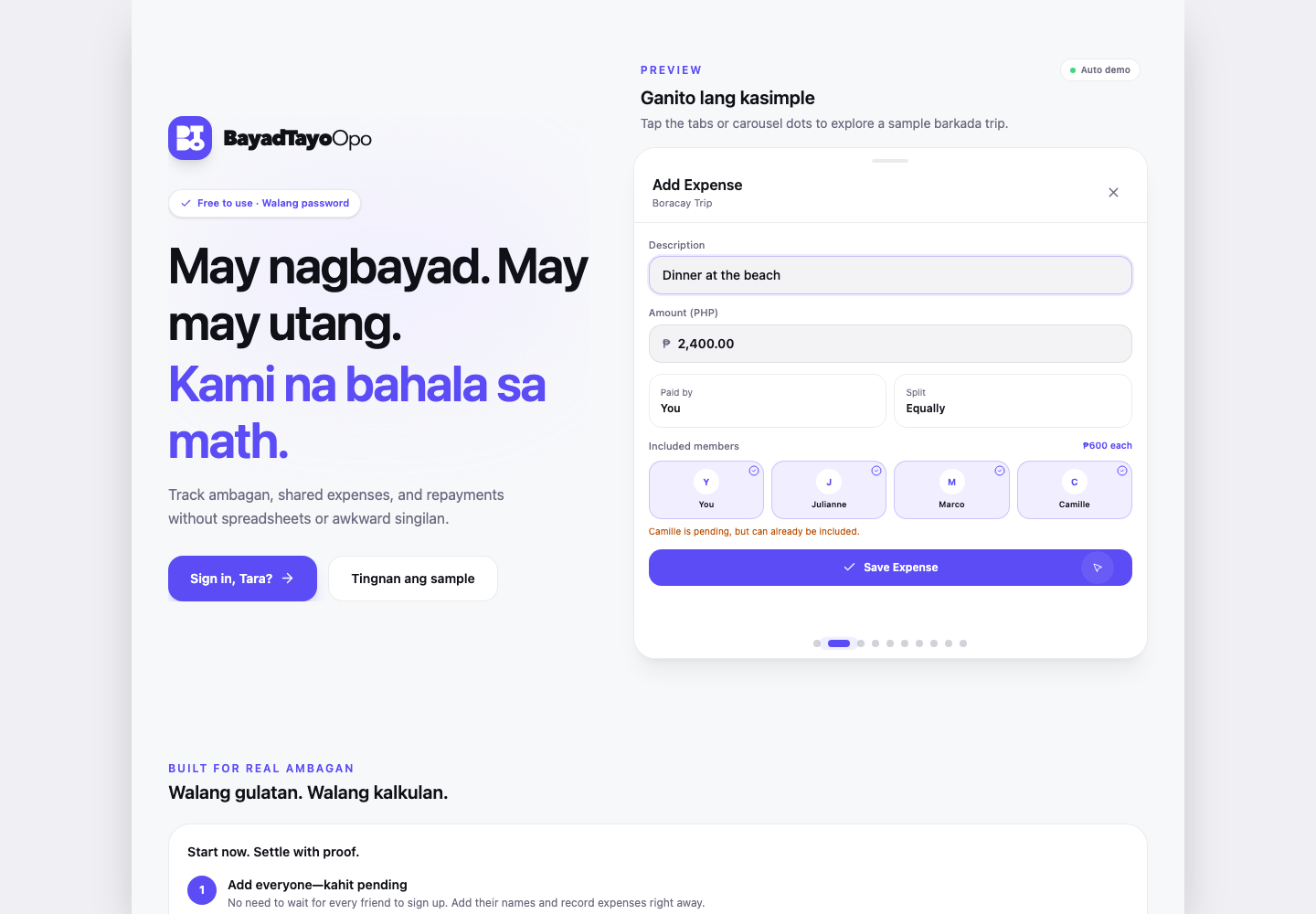 The live BayadTayoOpo homepage showing a group expense form for a sample barkada trip