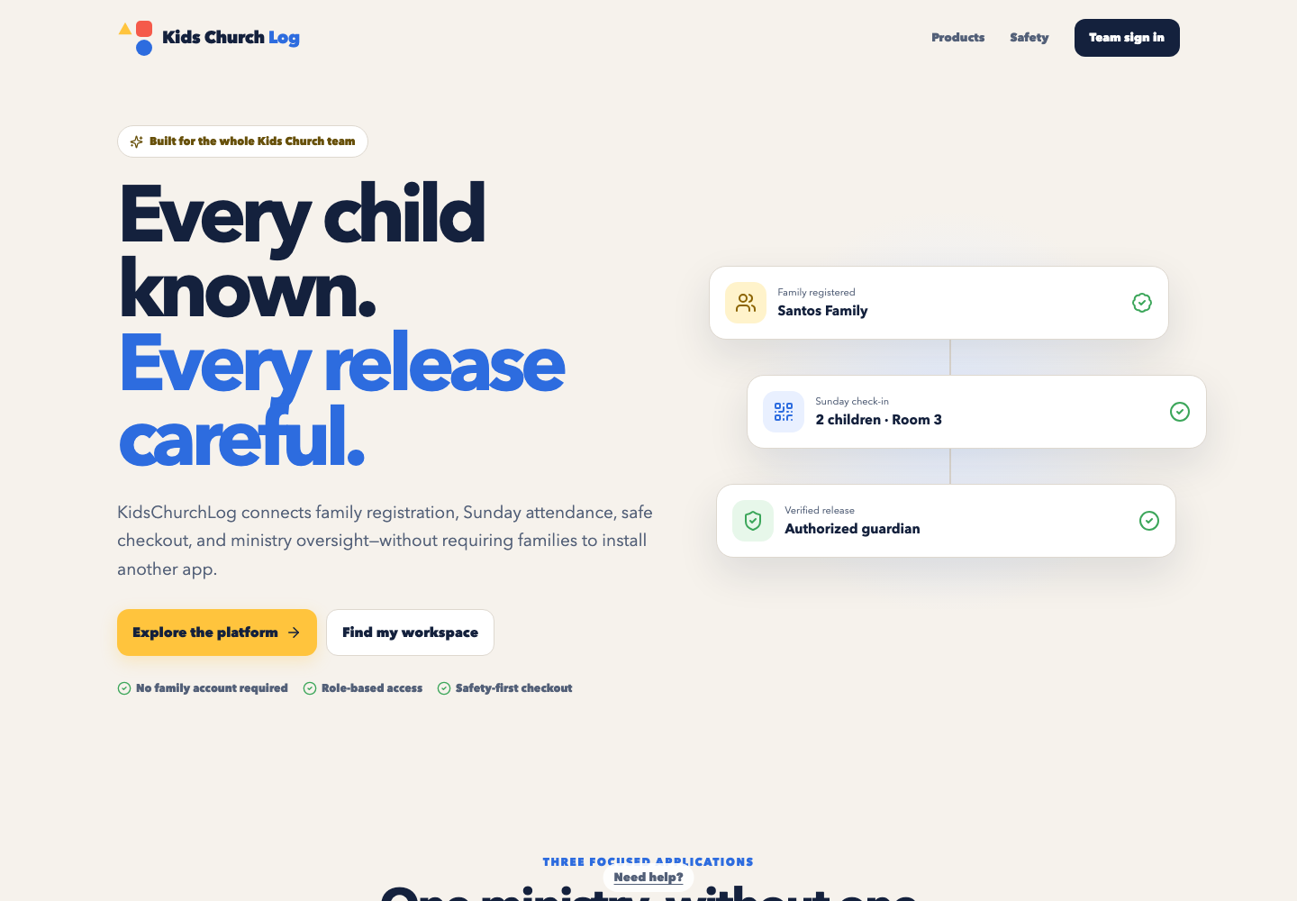 The public KidsChurchLog homepage showing its family registration, Sunday check-in, and verified release workflow