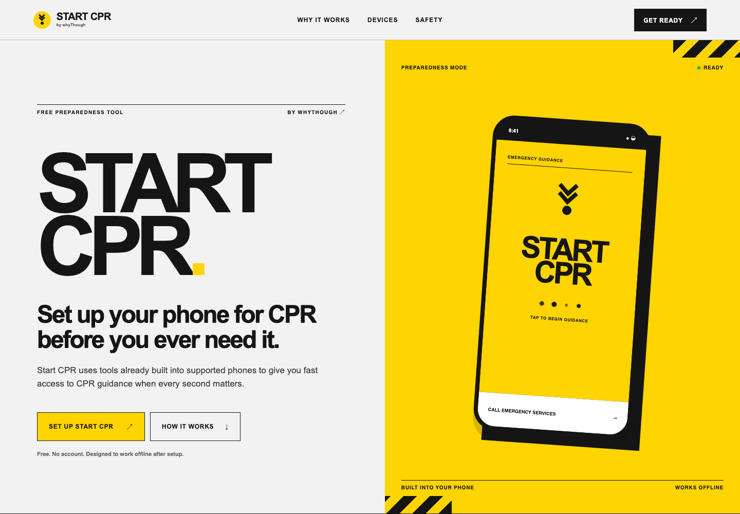 The live StartCPR homepage, showing its black, white, and safety-yellow preparedness design